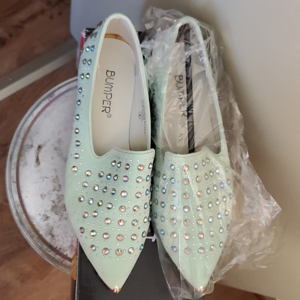 Cute Sea green sparkle rhinestone flats NIB